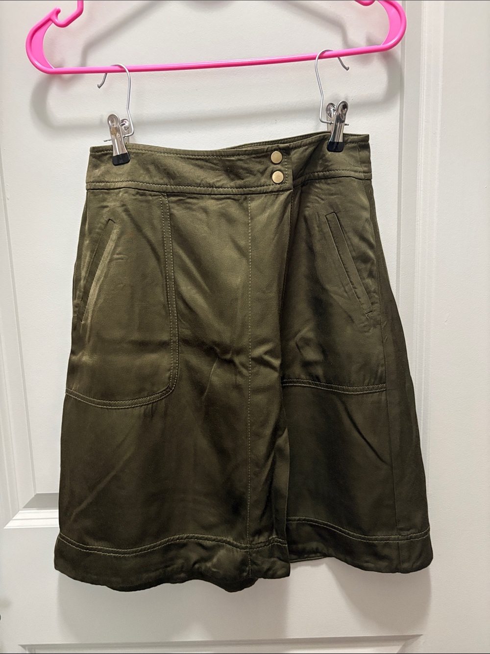 LOFT Olive Green Button-Front Wrap Style Petite Skirt
